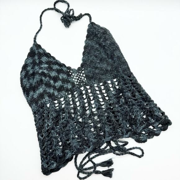 Handmade Crochet Knit Festival Whimsigoth Halter Crop Top Lace Up Back Blue/Grey - Picture 1 of 6